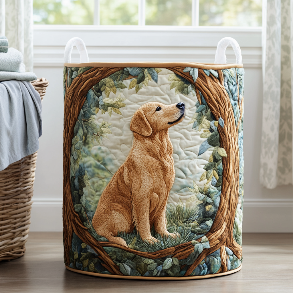 Cesto portabiancheria trapuntato con Golden Retriever