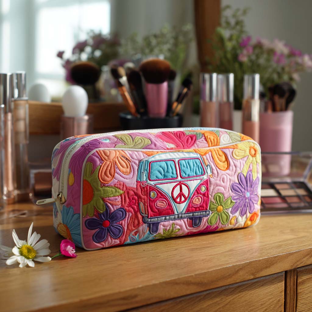 Beauty case trapuntato con pulmino floreale retrò