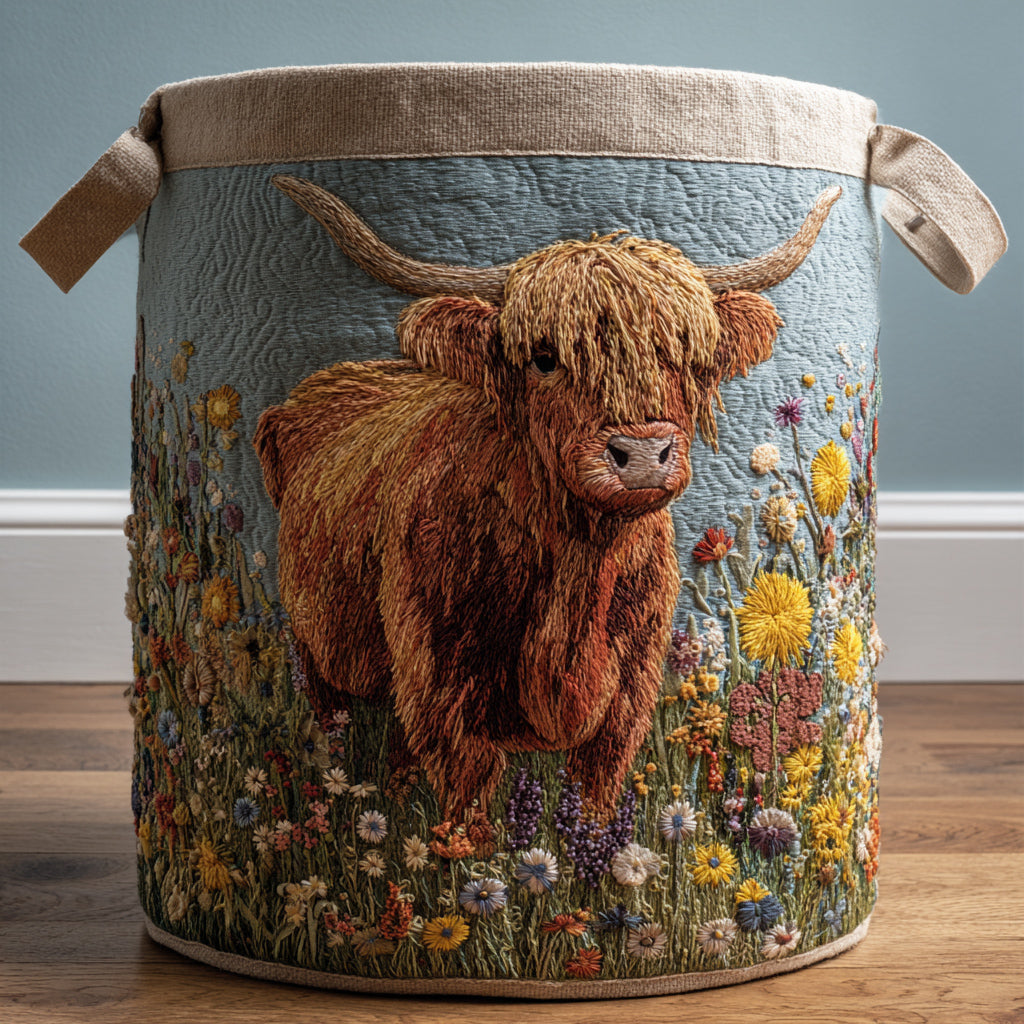Cesto portabiancheria trapuntato con mucca Highland e fiori