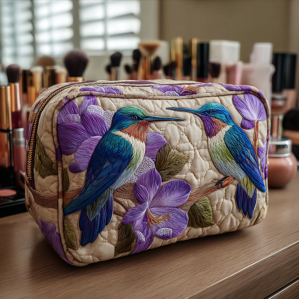 Beauty case trapuntato con colibrì delicato