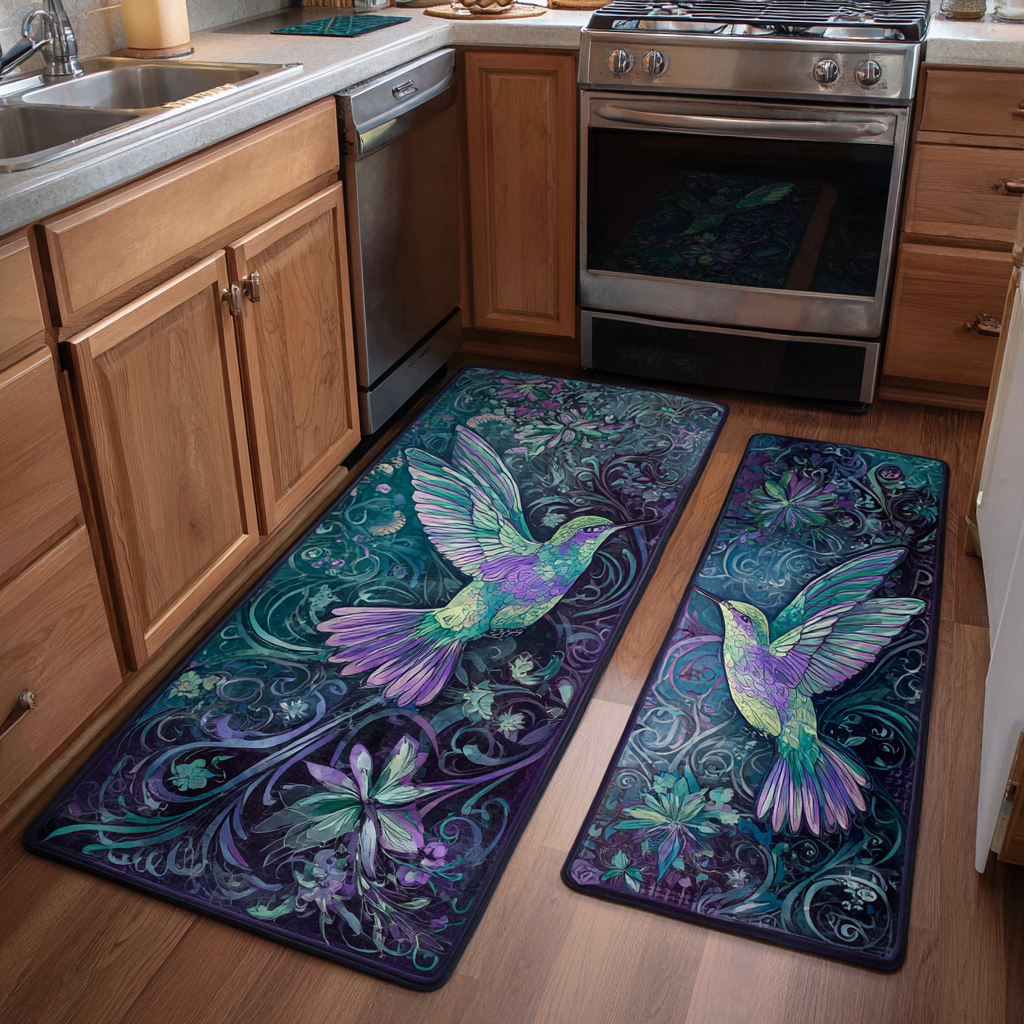 Tappeto da cucina antiscivolo con colibrì e fiori da giardino