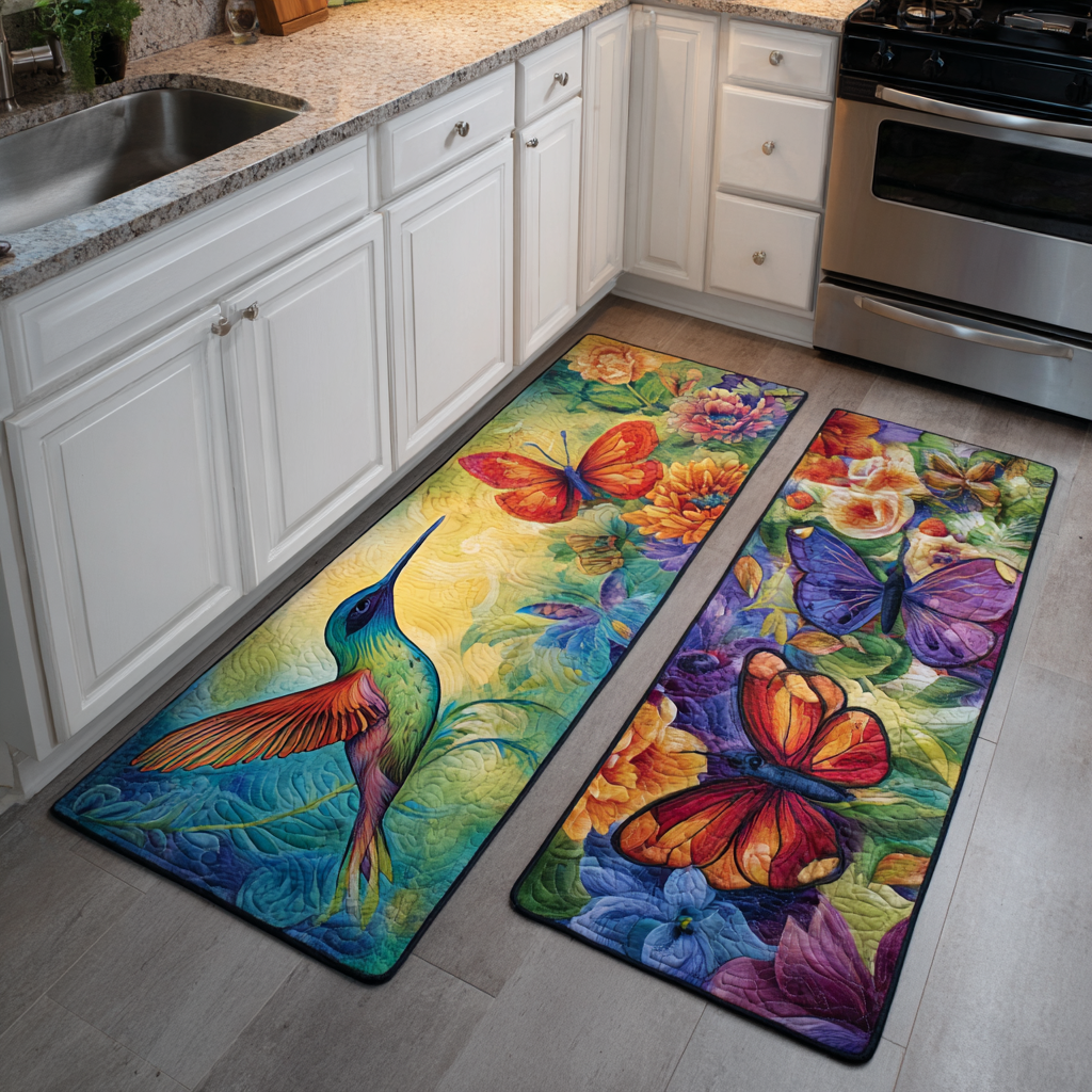 Tappeto da cucina antiscivolo con colibrì e fiori da giardino