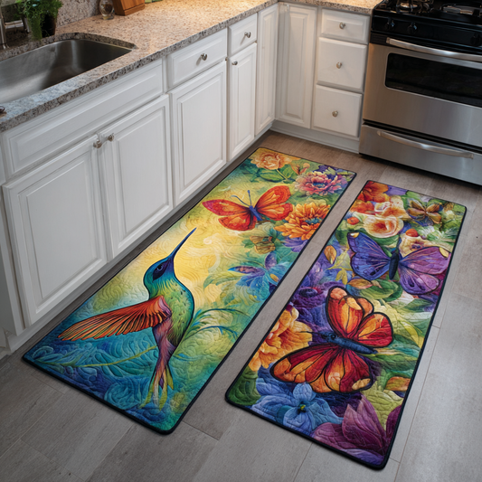 Tappeto da cucina antiscivolo con colibrì e fiori da giardino