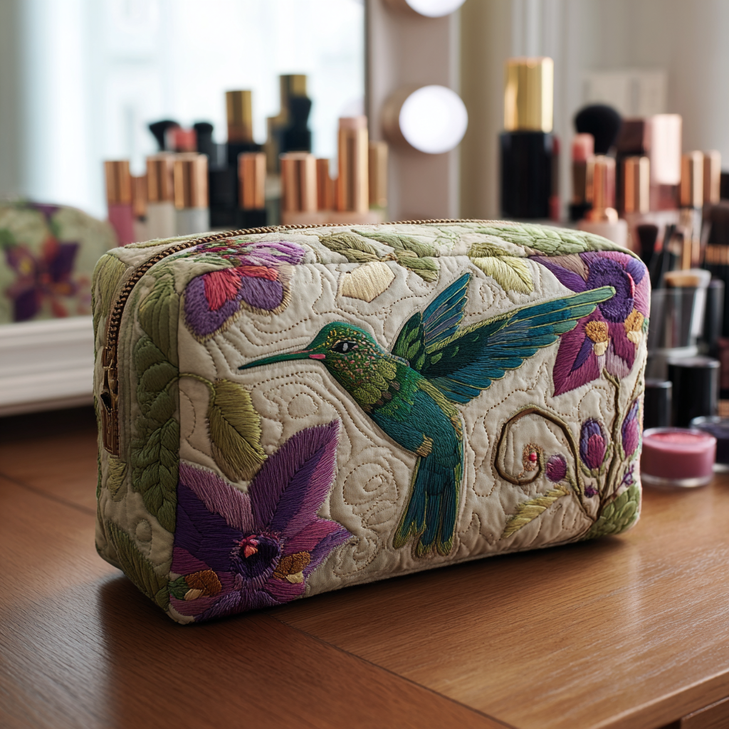 Beauty case trapuntato con giardino di colibrì