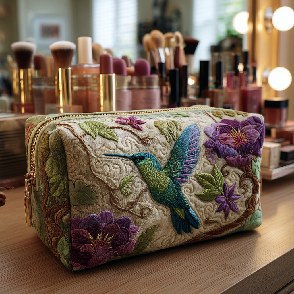 Beauty case trapuntato con colibrì luminoso