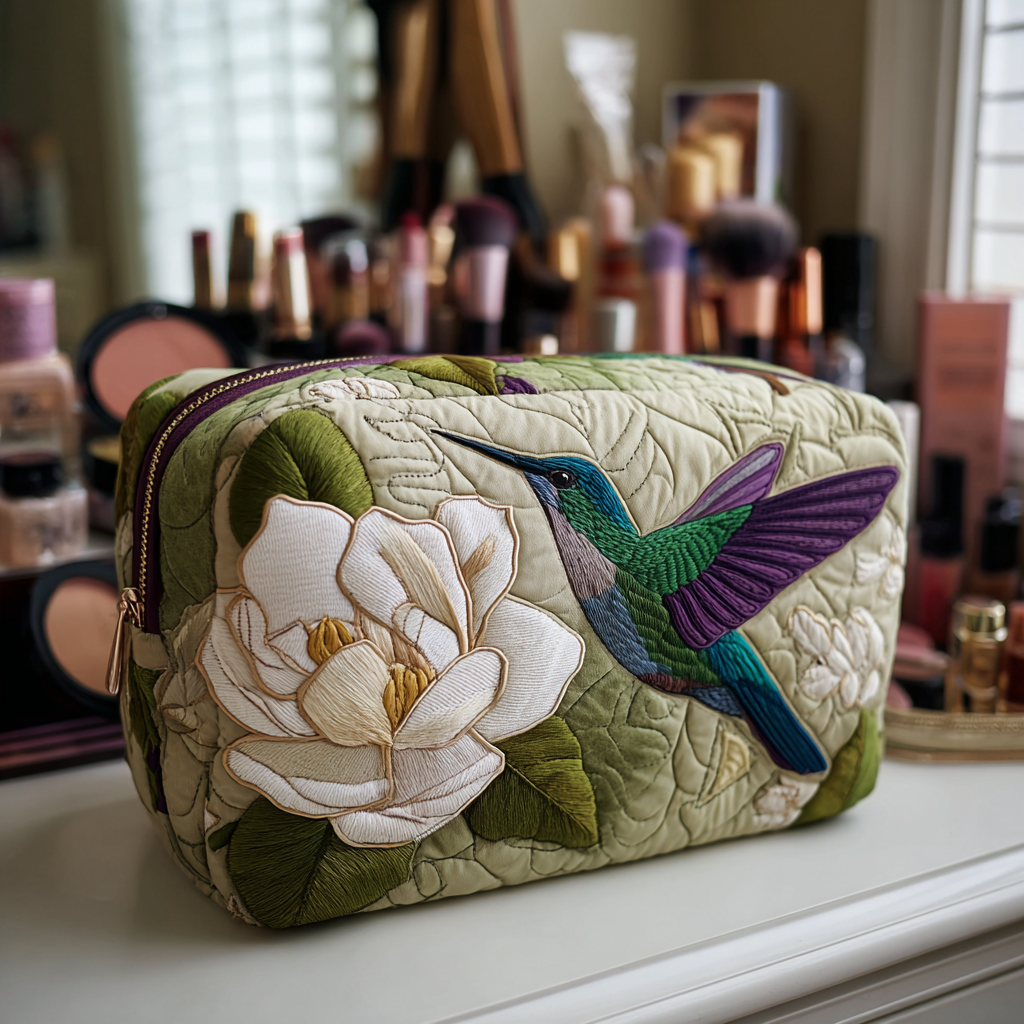 Beauty case trapuntato con colibrì nel prato