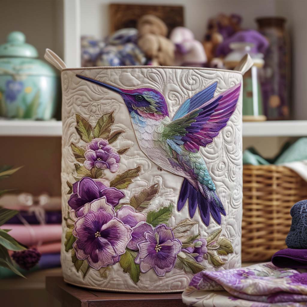 Cesto portabiancheria trapuntato con colibrì e fiori