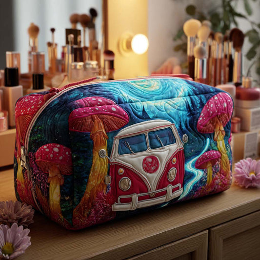 Beauty case trapuntato con pulmino e funghi colorati