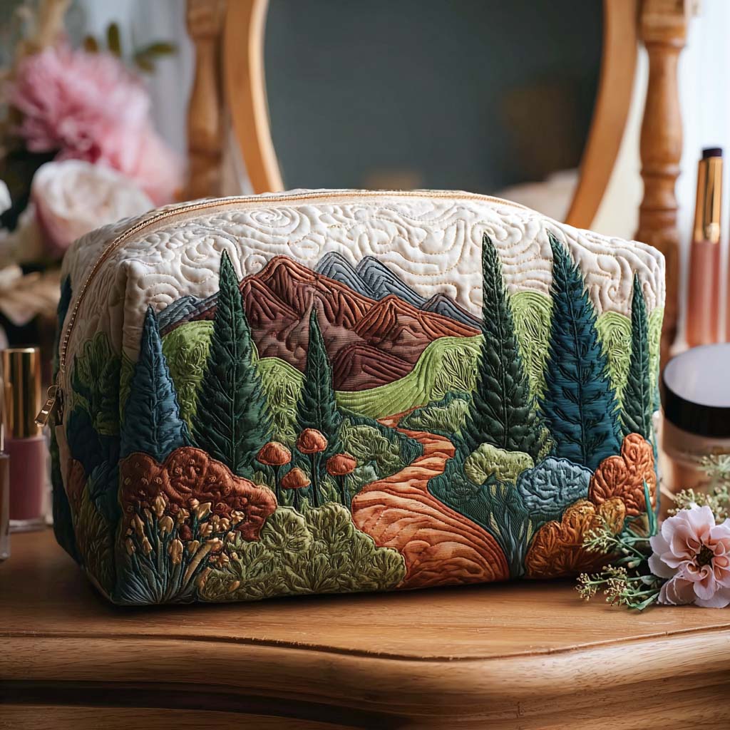 Beauty case trapuntato con sentiero nel verde