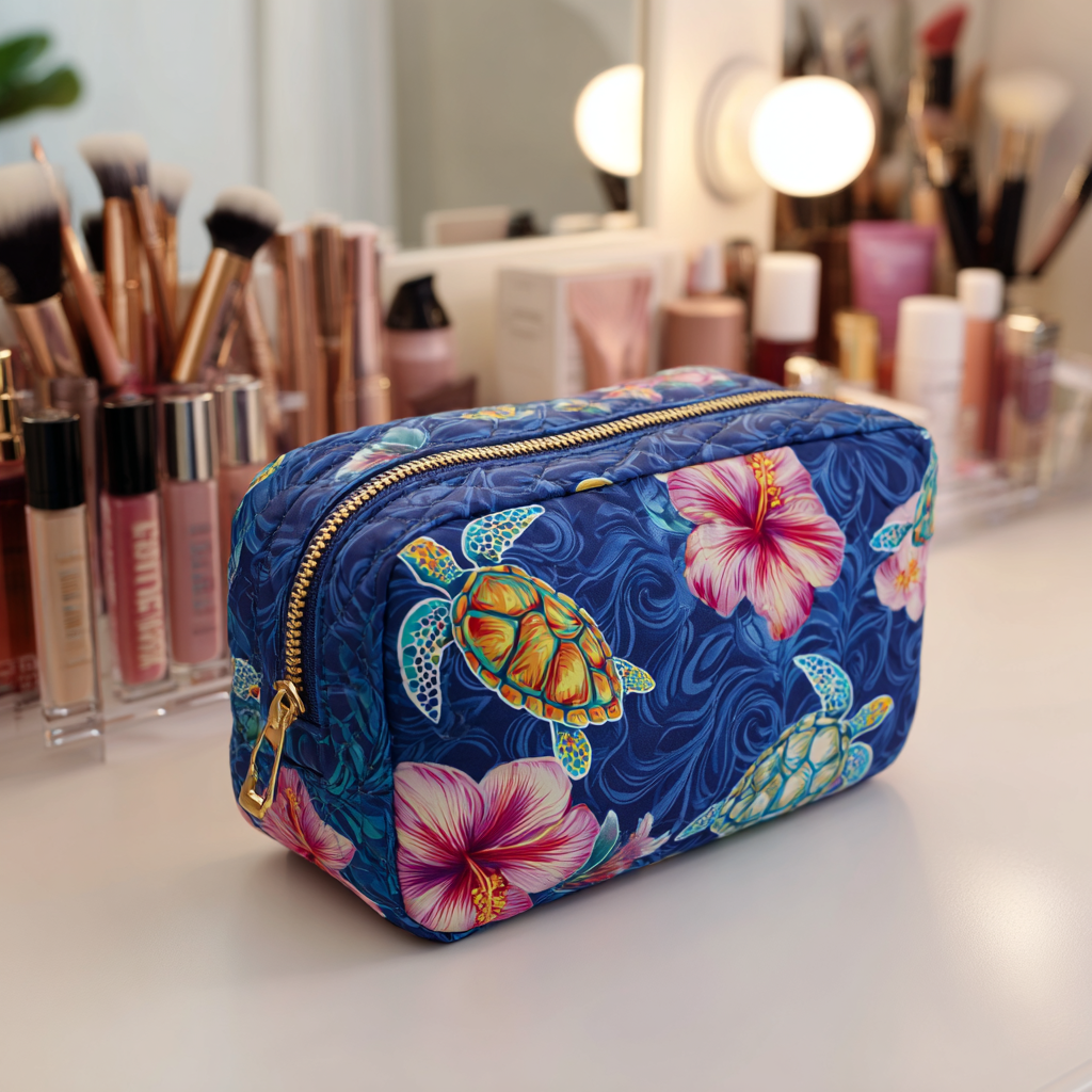 Beauty case trapuntato con tartaruga marina