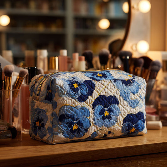 Beauty case trapuntato con viole del pensiero
