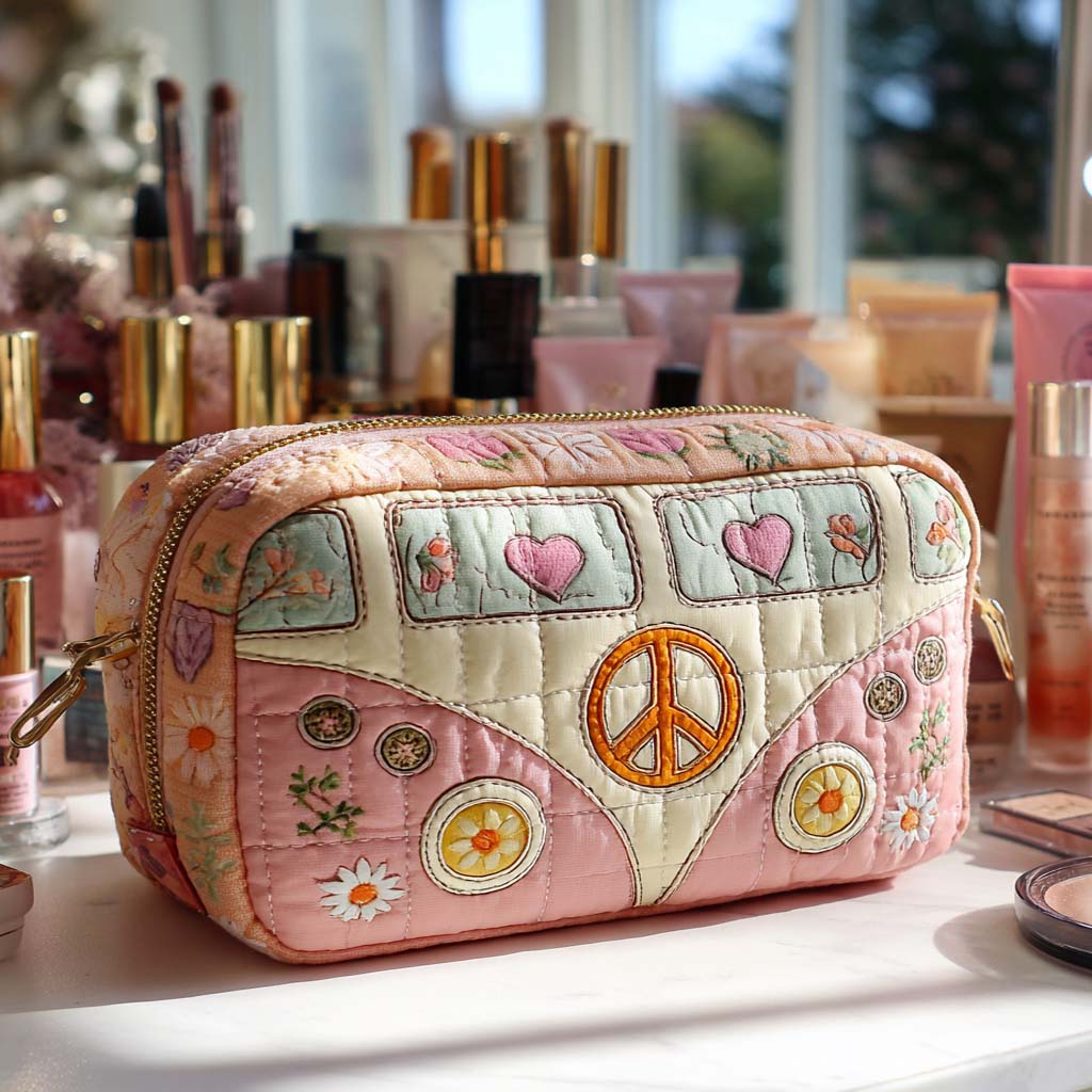 Beauty case trapuntato con pulmino pastello