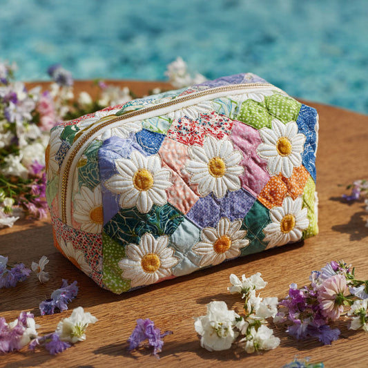 Beauty case trapuntato con sentiero di petali