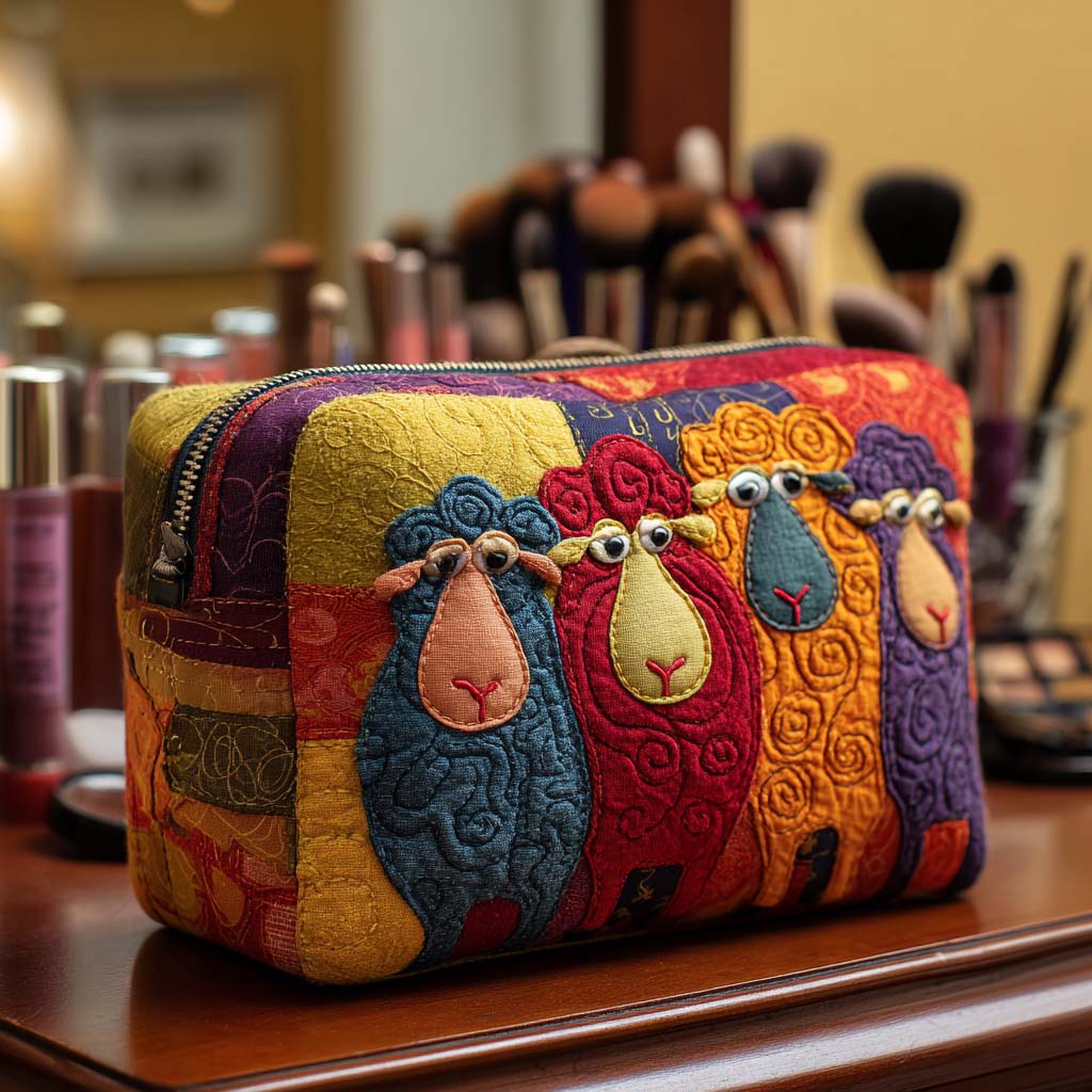 Beauty case trapuntato con pecora arcobaleno