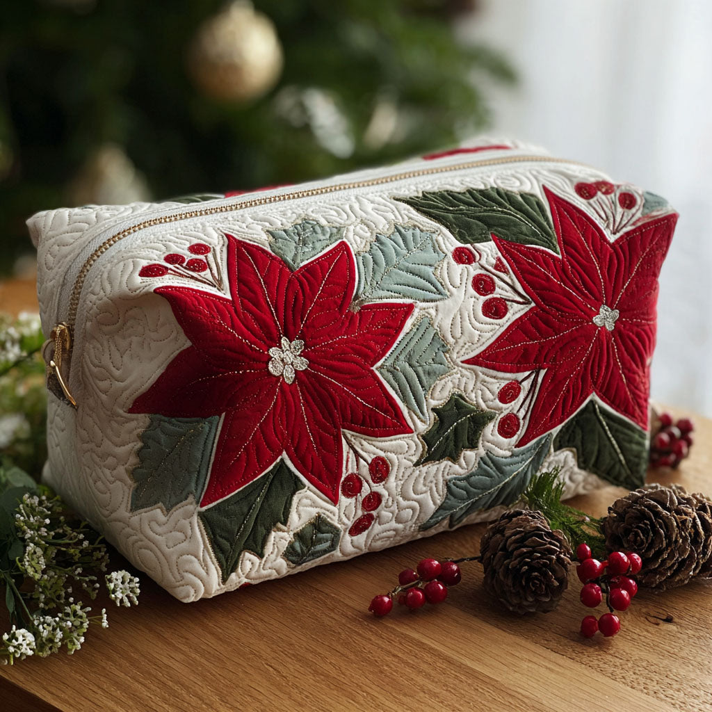 Beauty case trapuntato con fiore scarlatto