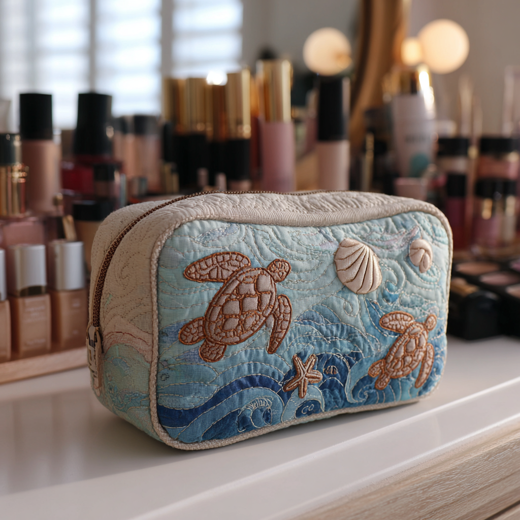 Beauty case trapuntato con tartaruga marina