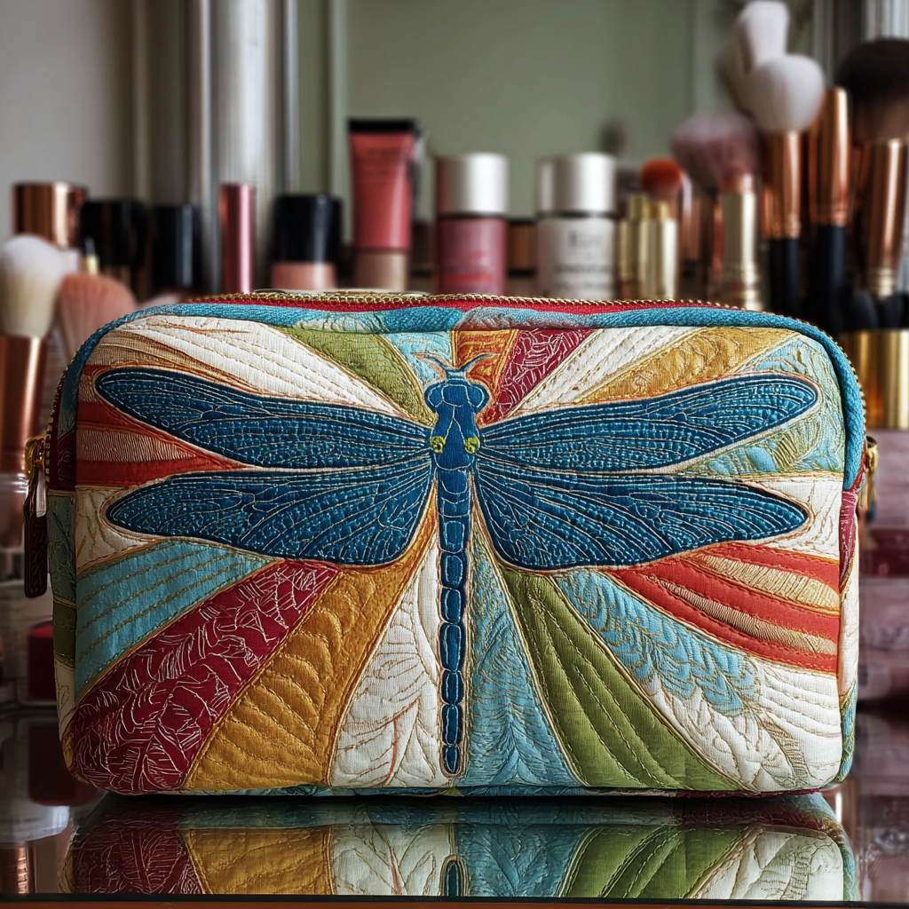 Beauty case trapuntato con libellula splendente