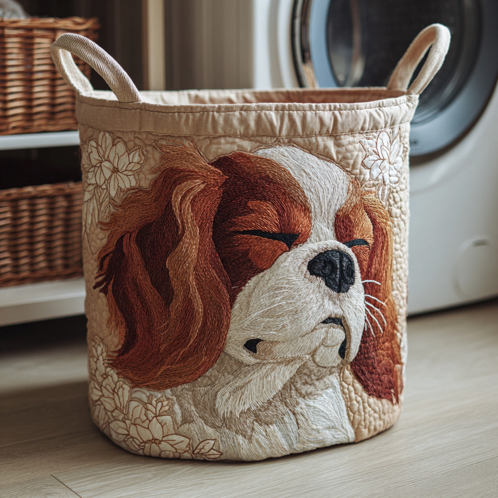 Cesto portabiancheria trapuntato con Cavalier King Charles