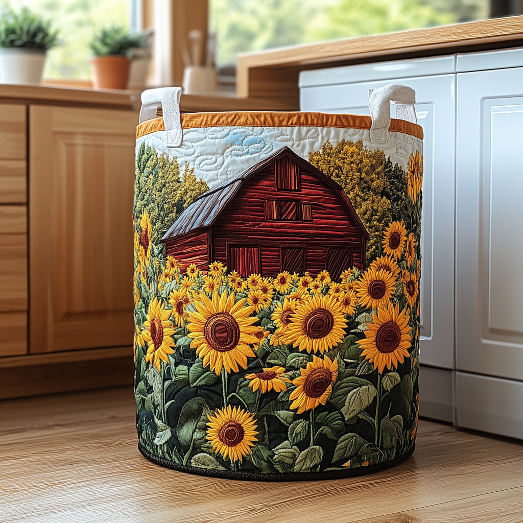 Cesto portabiancheria trapuntato con girasoli