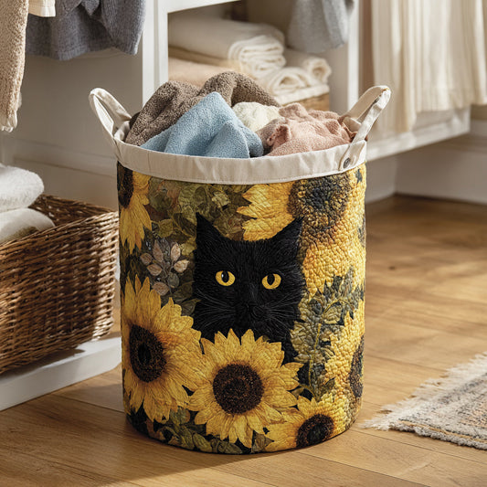 Cesto portabiancheria trapuntato con gatto nero e girasole