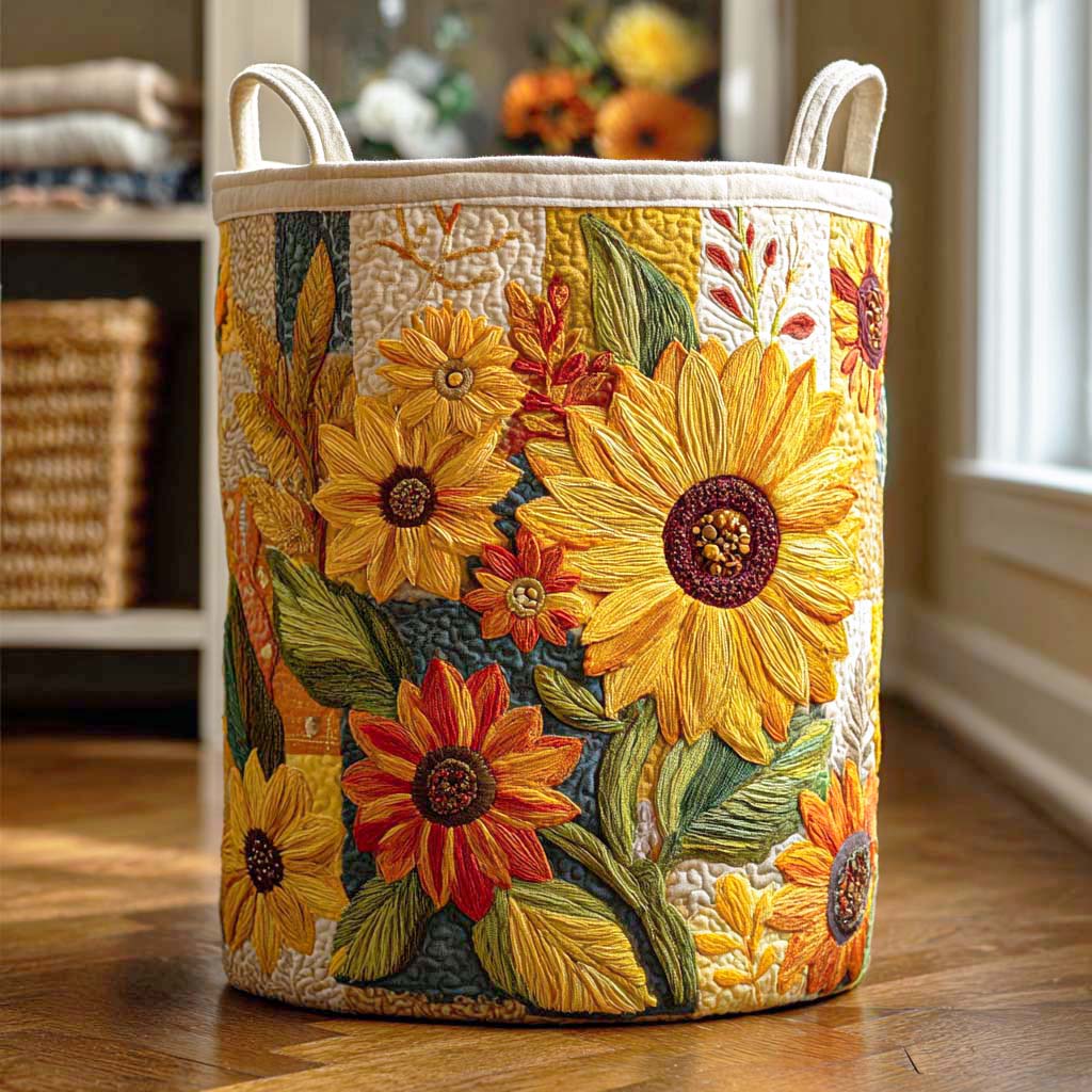 Cesto portabiancheria trapuntato con girasole