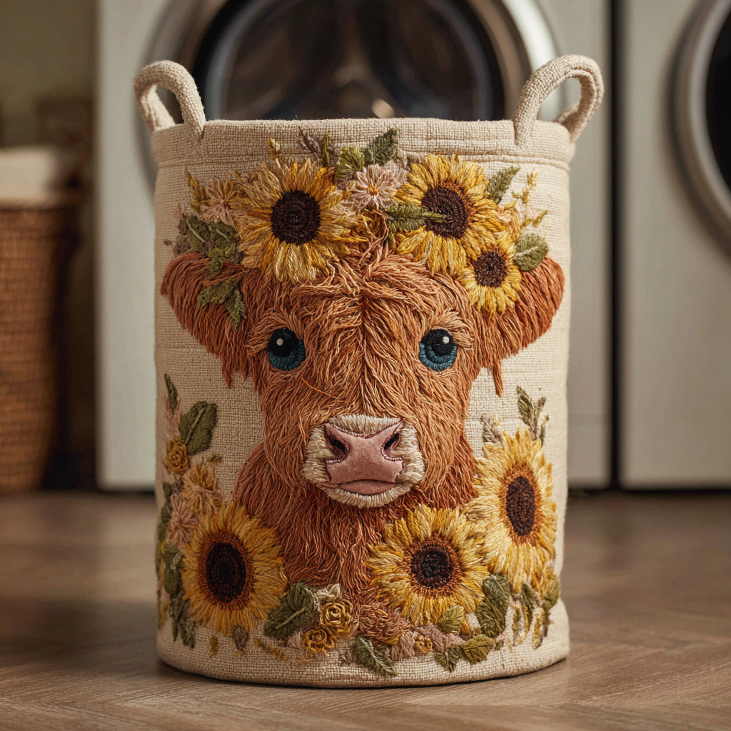 Cesto portabiancheria trapuntato con mucca Highland e fiori
