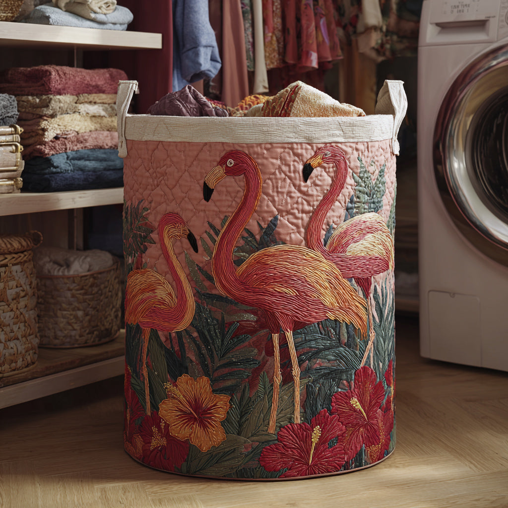 Cesto portabiancheria trapuntato con fenicotteri